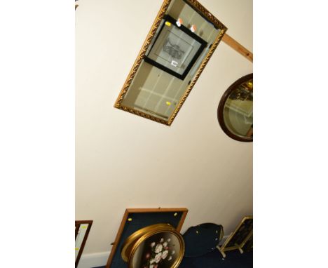A GILT FRAMED BEVELLED EDGE WALL MIRROR, together with an oak framed wall mirror and a framed oil painting (3)