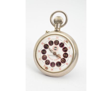 A LARGE CONTINENTAL POCKET WATCH, stamped Argricolo Mondiale on both case and dial, enamel dial with purple coloured dics on 