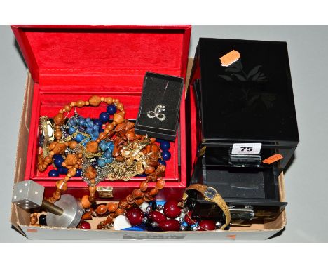 A SMALL BOX OF COSTUME JEWELLERY AND TWO JEWELLERY BOXES, to include an Accurist and a Rotary gold plated watch, an amethyst 