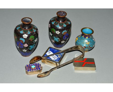 A PAIR OF LATE VICTORIAN SILVER SUGAR TONGS, Sheffield 1900, three miniature cloisonne vases, a silver pill box, a filigree a