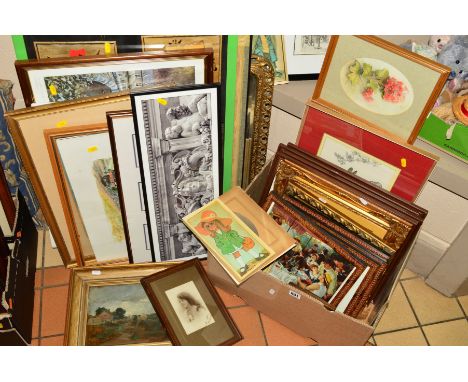 PAINTINGS, PRINTS AND MIRRORS ETC to include a rural village oil on board, indistinctly signed (RIBOL?), approximate size 18.