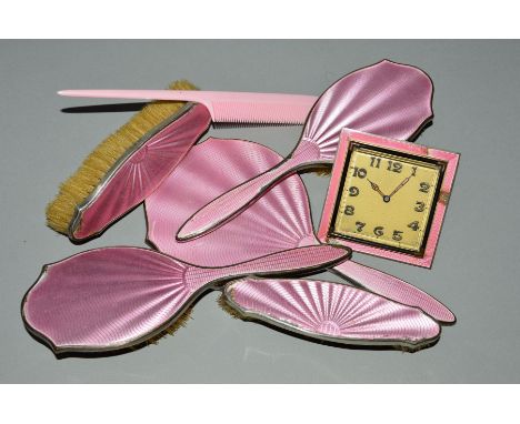 A 1930'S SILVER GUILLOCHE ENAMEL DRESSING TABLE SET, etc, the dressing table set comprising of a hand mirror, two brushes and