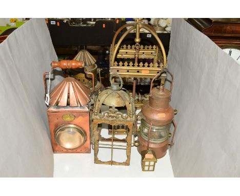 A STEAM DRIFTERS STORES CO, LOWESTOFT COPPER LAMP, bullseye lens and reservoir, a copper signal lamp, a small lamp and three 