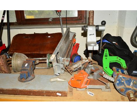 A COLLECTION OF VARIOUS HAND TOOLS, to include a Crab clamp, record no 57 vice, Wolfcraft manual pillar press, leather Gladst