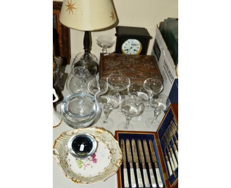 A LATE VICTORIAN BLACK SLATE MANTEL CLOCK, oak cased mother of pearl handled dessert knives and forks, a Japanese copper and 