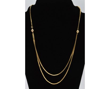 A 9CT GOLD NECKLACE, designed as a squared S-link chain with double chain to the lower half suspended from spherical beads, w