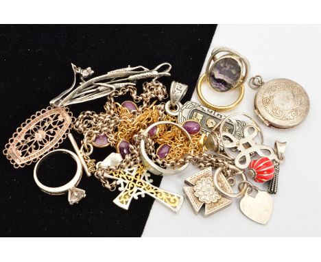 A SELECTION OF MAINLY SILVER AND WHITE METAL JEWELLERY, to include a spherical red enamel Pandora charm, a Blue John ring, fu