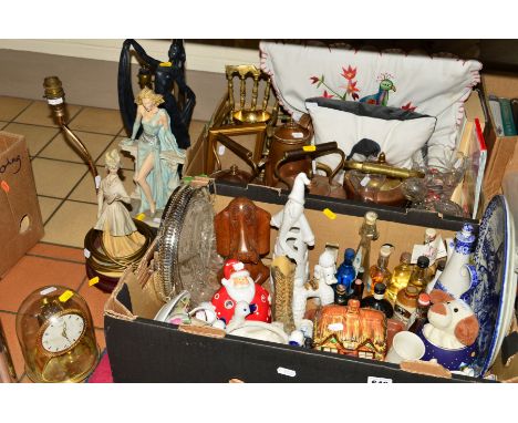 TWO BOXES AND LOOSE CERAMICS, GLASS, COPPER, CUSHIONS ETC, to include Deco style figurine table lamp, Capodimonte figural tab