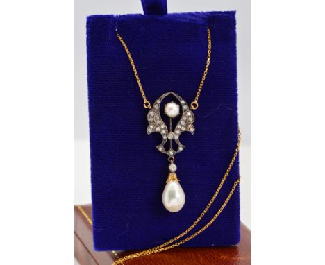 A CULTURED PEARL AND DIAMOND NECKLACE, designed as an openwork wing design set with brilliant cut diamonds, a central claw se