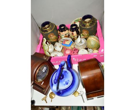 A BOX AND LOOSE SUNDRY ITEMS, to include two mantel clocks (key and pendulum with both), two pairs of Japanese vases, childre