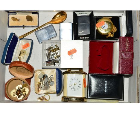 A SELECTION OF MAINLY CUFFLINKS, LIGHTERS, etc, to include a pair of 9ct gold cufflinks, with 9ct hallmark, weight 3.8 grams,