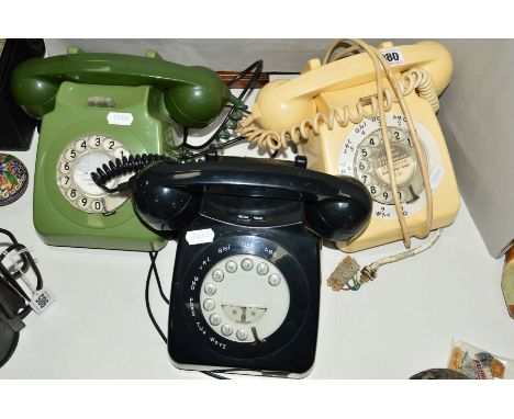 THREE 1970'S TELEPHONES, to include a cream and a green and a reproduction black push-button (3)