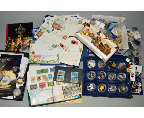 A BOX OF MAINLY RUGBY RELATED EPHEMERA, to include various pairs of cufflinks, brooches and pin badges, rugby related stamp c