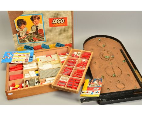 A VINTAGE BOXED LEGO SET, in original fitted wooden box, with damaged paper label to lid, contents not checked, with an unmar