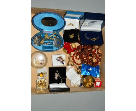 A BOX OF MAINLY COSTUME JEWELLERY, to include a dolphin brooch, pin stamped 375, weight 0.8 grams, a rose quartz pendant, a g