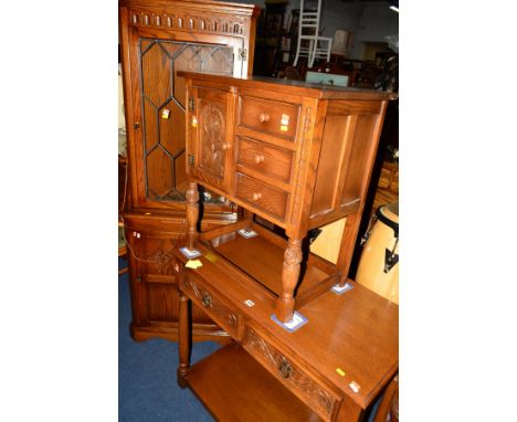 A REPRODUCTION OAK SIDE TABLE with two drawers, width 97cm x depth 46.5cm x height 85cm together with a similar oak single do