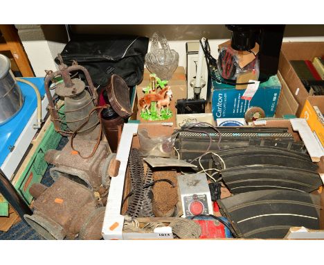 TWO BOXES AND VARIOUS LOOSE SUNDRY ITEMS, to include a pair of distressed coach lamps, Scalextric track, pair of Field binocu