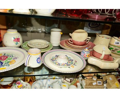A GROUP OF CERAMICS, to include Crown Ducal tube lined vase, No4298, height 14cm and a 'Gainsborough' jug, Poole Pottery plat
