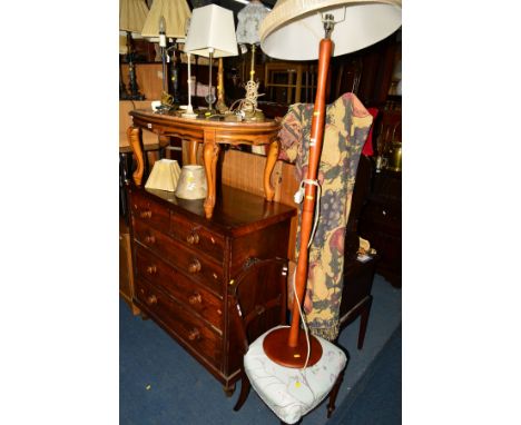 A MARBLE TOPPED COFFEE TABLE together with an Edwardian chair and a standard lamp (3)