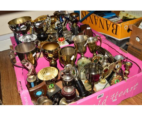 TWO BOXES OF ASSORTED TROPHY CUPS AND AWARDS, including dominoes, football etc 