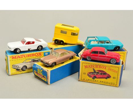 FIVE BOXED MATCHBOX 1-75 SERIES DIECAST VEHICLES, all have regular wheels and are in assorted type D, E and F boxes all of wh