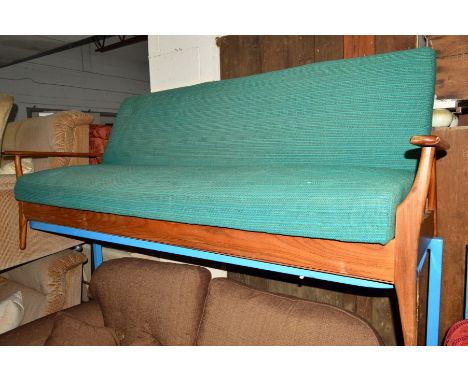 A 1960'S DANISH STYLE TEAK SOFA BED WITH TURQUOISE UPHOLSTERY, (this does not comply with the Furniture and Furniture (Fire) 