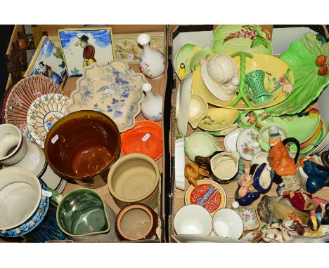 TWO BOXES OF CERAMICS, TILES, ETC, to include Carltonware, Wedgwood, Toby and character jugs (Doulton etc), Royal Lancastrian