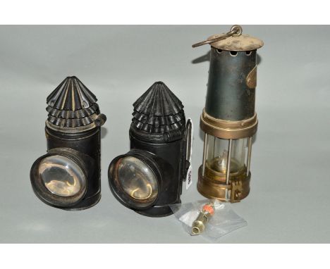 A PAIR OF HIATT &amp; CO, BIRMINGHAM MOTORCYLE/BICYCLE LAMPS, complete with reservoir and bullseye lenses, a Pattersons lamp,