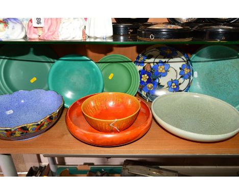 A GROUP OF CERAMIC BOWLS AND PLATES, to include Royal Lancastrian footed bowl, orange/brown drip glaze, No3285, diameter 18.5