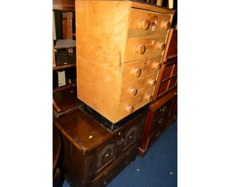 A CHEST OF FIVE DRAWERS, an oak two door cabinet, Edwardian mahogany occasional table and a pine wall shelf (4)