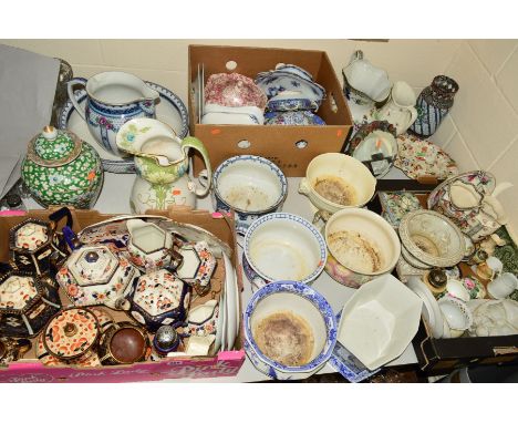 THREE BOXES AND LOOSE WASH SETS, TEAWARES, ORNAMENTS ETC, to include Losol Ware jug/bowl (reglued), Masons chamber pot, Spode