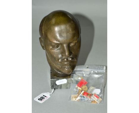 A CAST BUST OF LENIN, on plinth, height 16cm, together with various Russian badges etc (1970's etc)