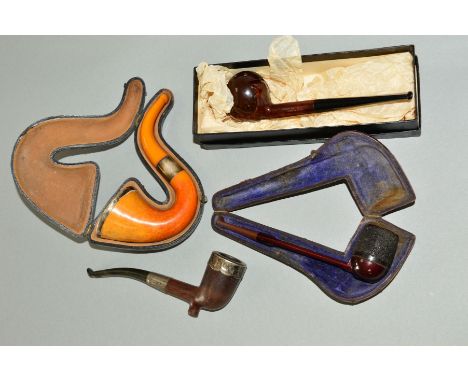FOUR VARIOUS PIPES, to include cased silver rimmed, a loose silver mounted pipe, a boxed Hurricane standard Briar pipe and an