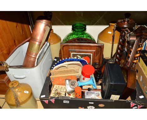 A BOX AND LOOSE OF VINTAGE AND RETRO KITCHENALIA, an oak fireside companion set, an oak barometer, French copper sprayer, sto