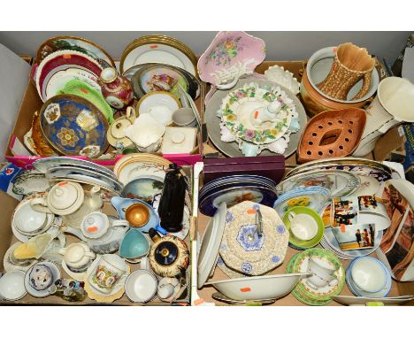 FOUR BOXES CERAMIC TEAWARES, ORNAMENTS ETC, to include Wade Sandeman decanter (chipped), Aynsley footed bowl (reglued), Royal