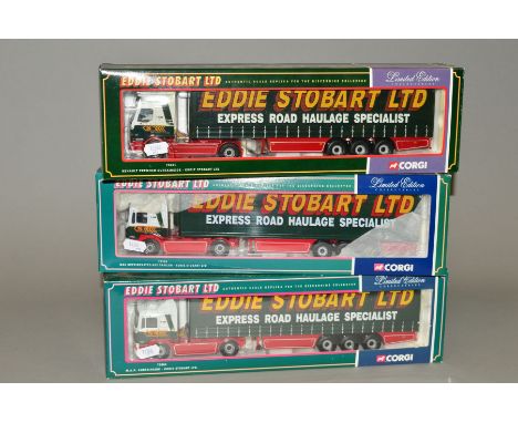THREE BOXED CORGI CLASSICS EDDIE STOBART TRUCK MODELS, Renault Premium Curtainside, No.75601, M.A.N. Refrigerated Box Trailer