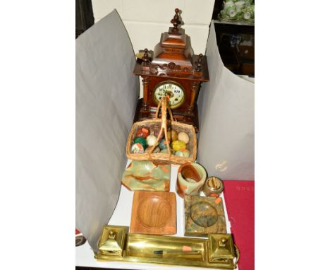 VARIOUS SUNDRY ITEMS, to include mantel clock (pendulum only), two barometers (one missing mercury gauge), onyx items (table 