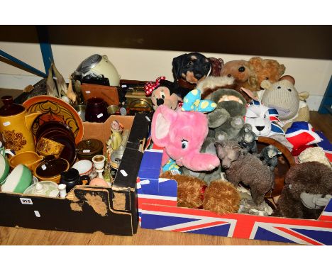 FOUR BOXES OF CERAMICS, SOFT TOYS, HOUSEHOLD SUNDRIES, etc, including mantel clocks, Poole pottery plate, glassware etc 