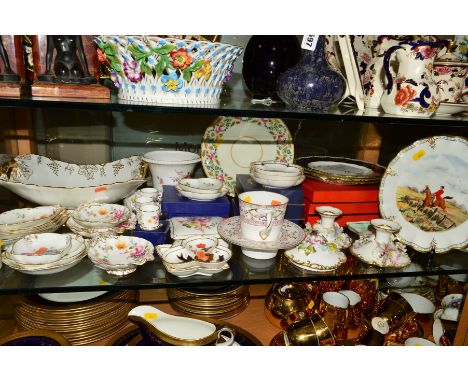 A QUANTITY OF VARIOUS ROYAL CROWN DERBY PLATES, TRINKETS, TEAWARES ETC, to include 'Vine' twin handled footed basket, length 