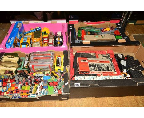 FOUR BOXES AND LOOSE, DIECAST VEHICLES, AIRCRAFT, SCALEXTRIC TRACK, MODEL RAILWAY ETC