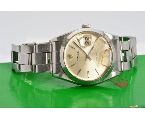 A ROLEX OYSTERDATE PRECISION WRISTWATCH, silvered dial with batons, 34mm stainless steel case and rivet link oyster bracelet,