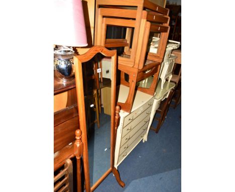 A PINE CHEVAL MIRROR, tile top nest of three tables and a similar occasional table (3)