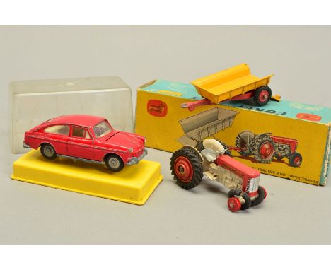 A BOXED CORGI TOYS MASSEY-FERGUSON 65 TRACTOR AND TIPPER TRAILER, GIFT SET, No.7, tractor is version with red metal hubs, bas