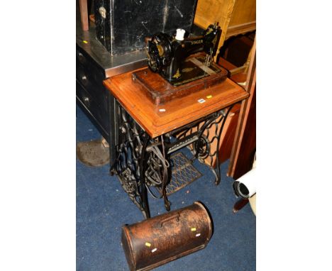 A SINGER TREADLE SEWING MACHINE with a golden oak top together with an oak cased Singer sewing machine and a tool chest (3)