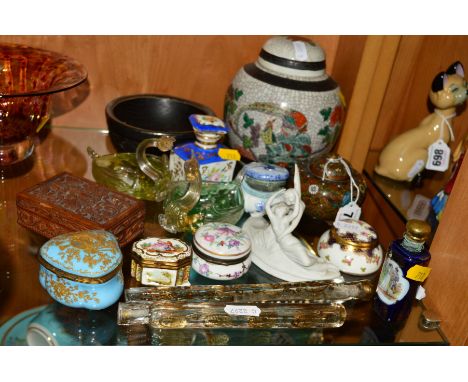 A SMALL GROUP CERAMICS, GLASS ETC, to include Cloisonne bulbous covered pot, various other trinket pots, patch pots, carved b