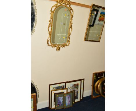 A MODERN FOLIATE GILT METAL BEVELLED EDGE WALL MIRROR, together with seven various framed prints and a needlework topped foot