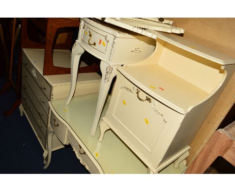 FOUR PIECES OF CREAM AND GILT BEDROOM FURNITURE, to include a chest of five drawers, dressing table with triple mirror and tw