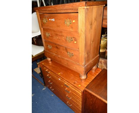 A VICTORIAN PINE CHEST OF THREE LONG DRAWERS, width 86cm x depth 42cm x Height 93cm together with a teak 1970's chest of two 