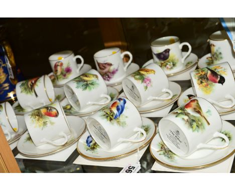 A SET OF SIX ROYAL WORCESTER COFFEE CUPS AND SAUCERS, from 'Best-Loved Birds' collection for Compton &amp; Woodhouse 1996, to