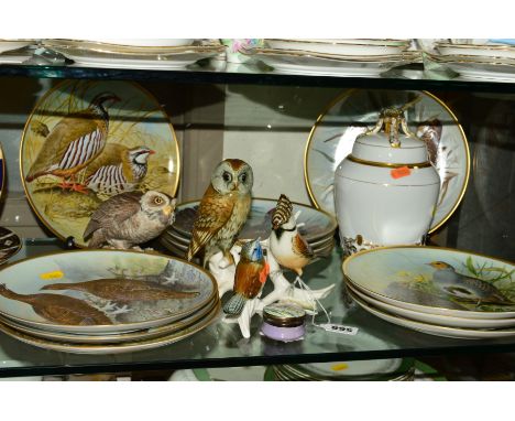 A GROUP OF CERAMIC BIRDS, PLATES ETC, to include three Karl Ens birds and an Aynsley owl, twelve Franklin porcelain 'Gamebird